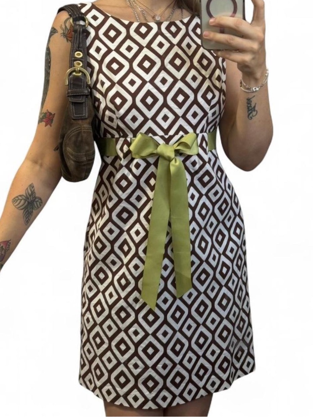 Jessica Howard Brown and White Geometric Sleeveless Mini with Green Bow